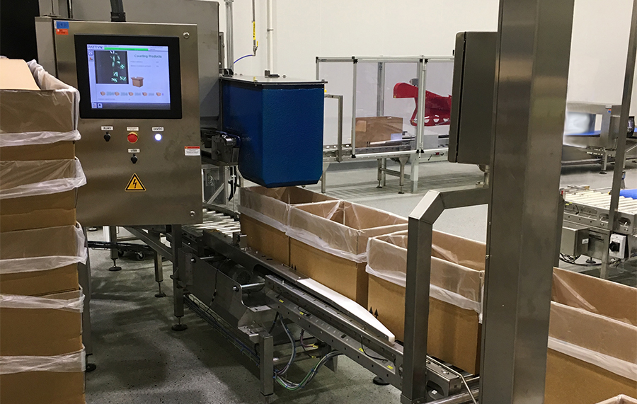Box Liner Machine inserting liners into corrugated boxes on a conveyor belt